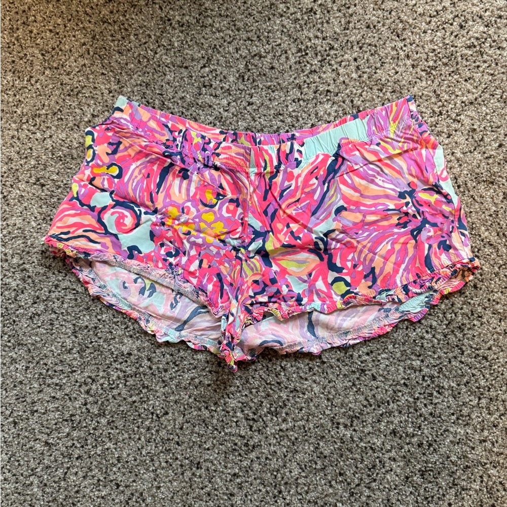 Lilly Pulitzer Kya Serene Blue Ruffle Tropical Floral Print Shorts Mediun